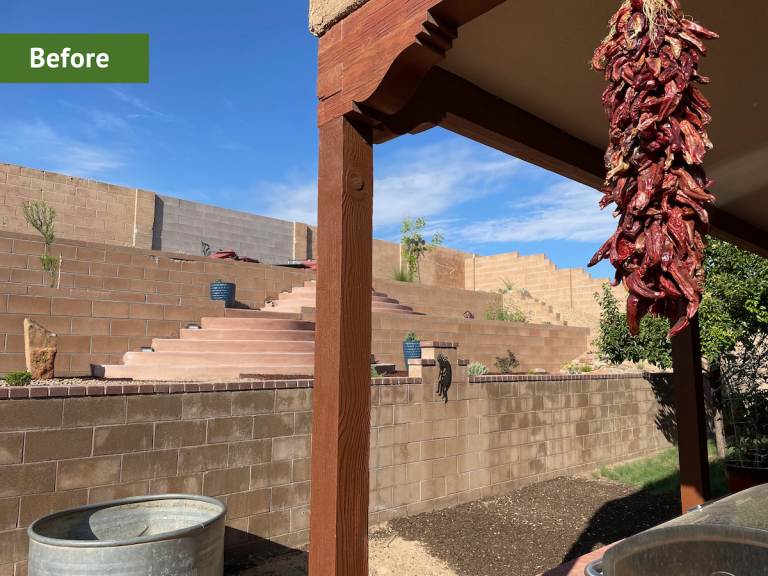 An arid backyard in New Mexico with a large block fence in a clay color.
