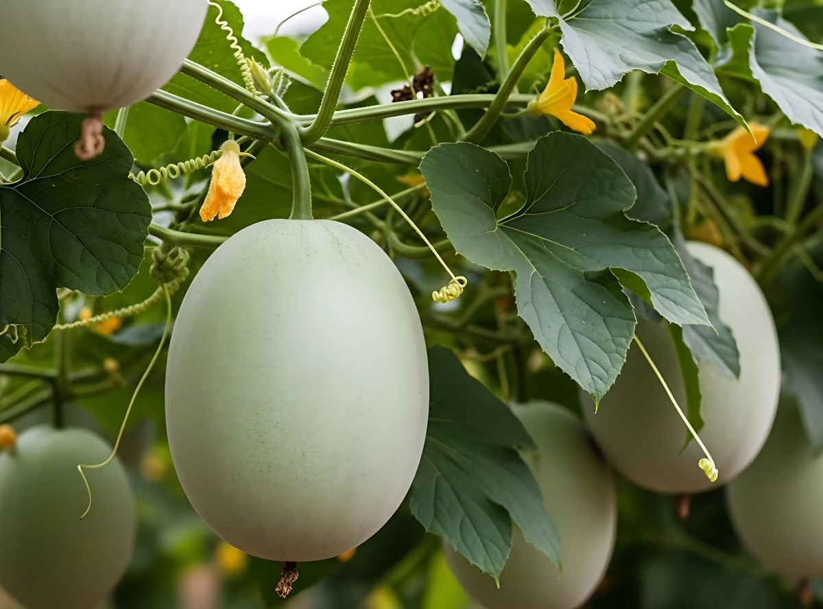 Winter melons growing from the vine.
