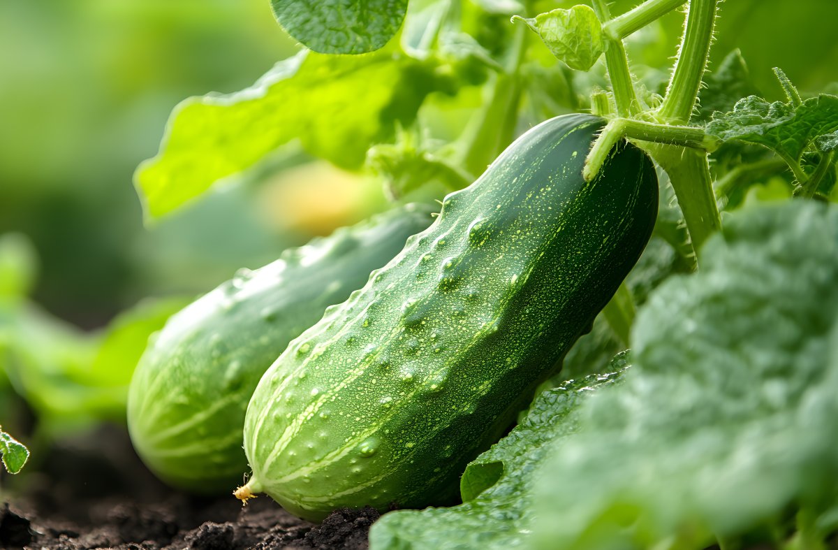 Cucumbers growing off the vine.