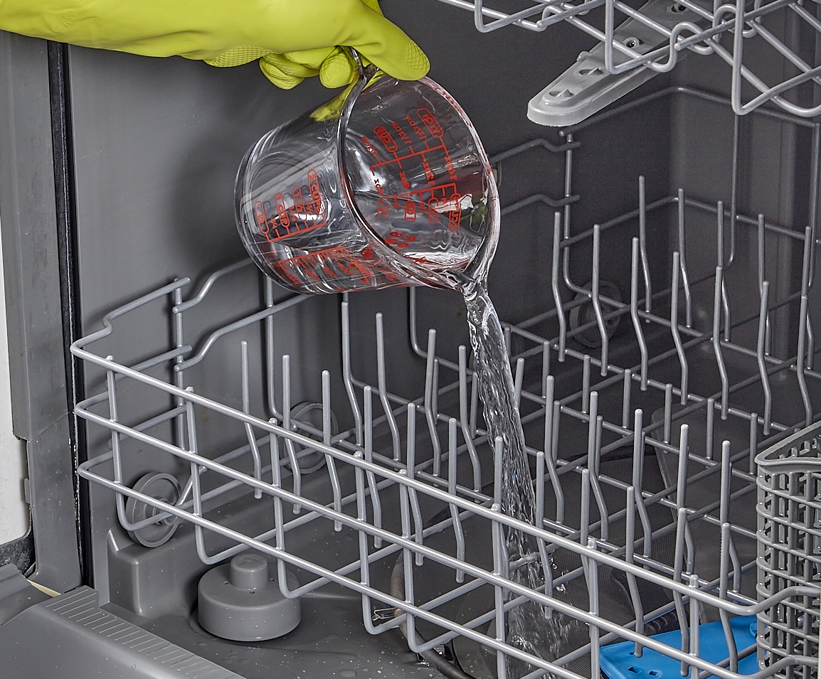 Person wearing rubber gloves pours vinegar from measuring cup into bottom of dishwasher.