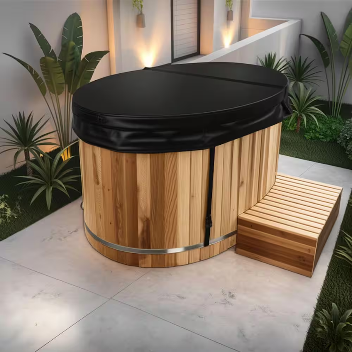 A cedar plunge pool on a backyard patio.