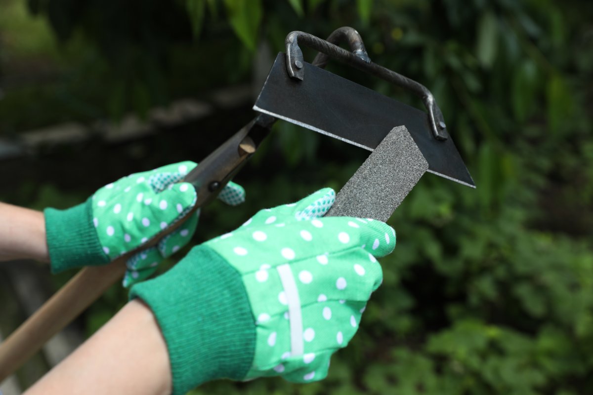 Closeup of woman sharpening a garden hoe outdoors.