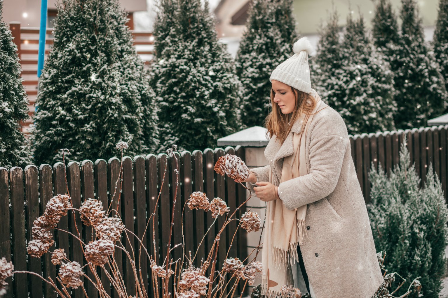 Young woman in winter clothes and knitted white hat with scarf in the winter garden with snow-covered plants.
