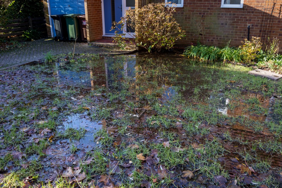 A brick house with a flooded front yard.