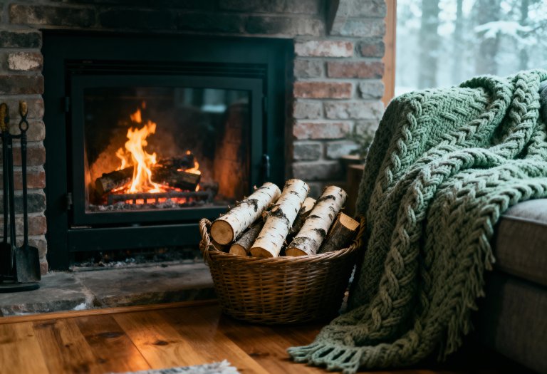 A warm and inviting winter scene featuring a roaring fire in a brick fireplace, a wicker basket of birch logs, and a thick, chunky green knit blanket draped over a sofa nearby.
