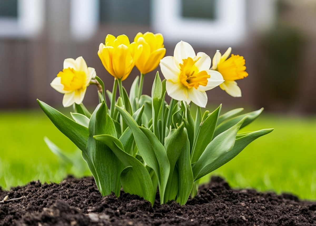 Yellow daffodils emerging from the soil. 