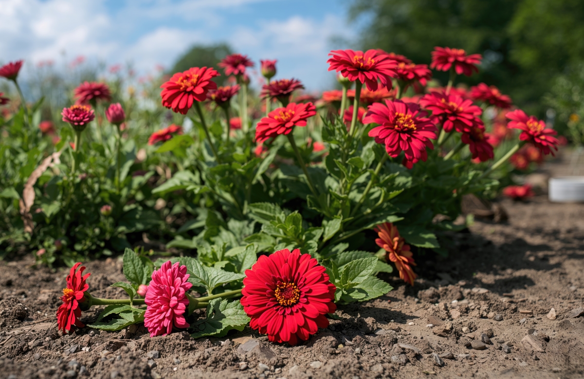 Blooming red zinnia flowers growing in a garden. 