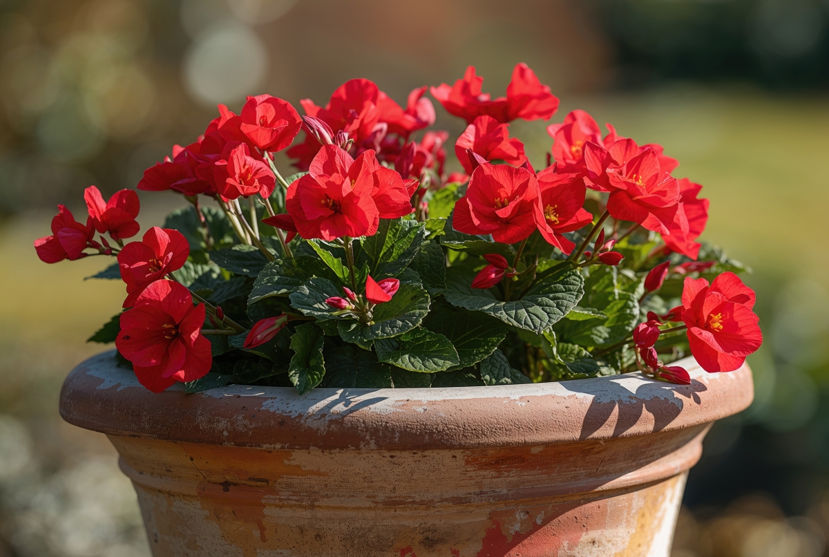 Red begonia blooms in an outdoor pot.
