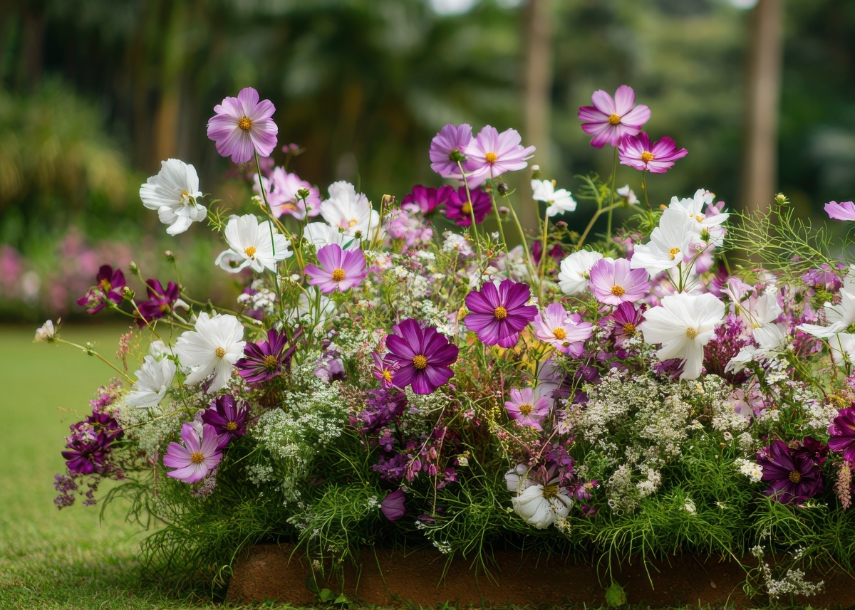 Blooming cosmos flowers in different shades.