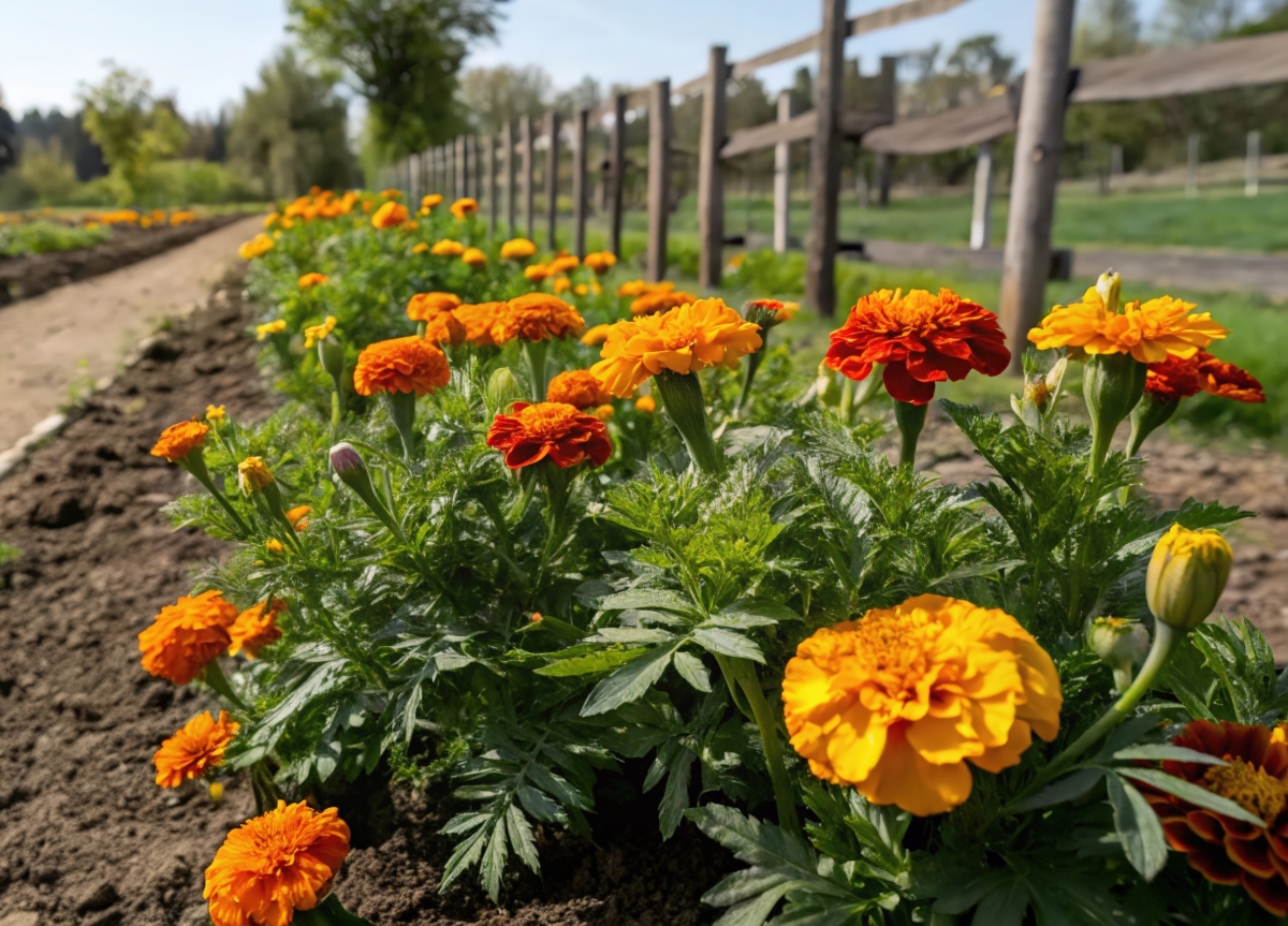 A row of blooming marigold flowers. 