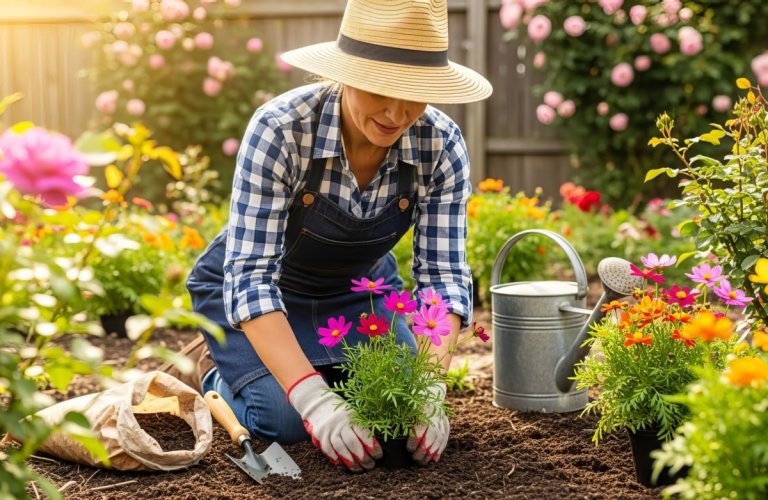 A woman is planting flowers in her garden.