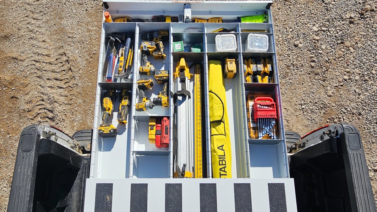 Birdseye view of tools in Weather Guard Truck Bed tool boxes