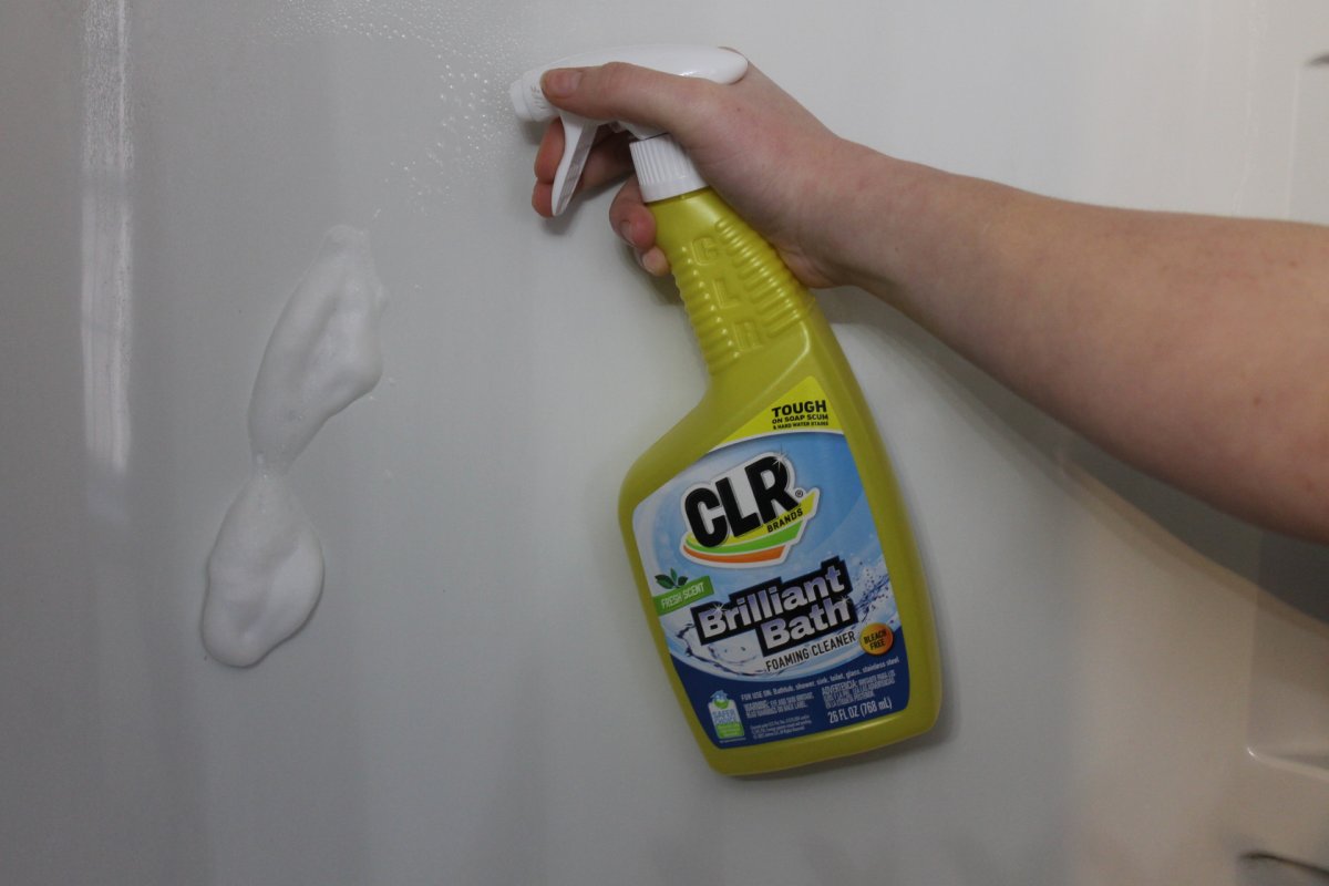 CLR Brilliant Foam Bathroom Cleaner sprayed on shower 