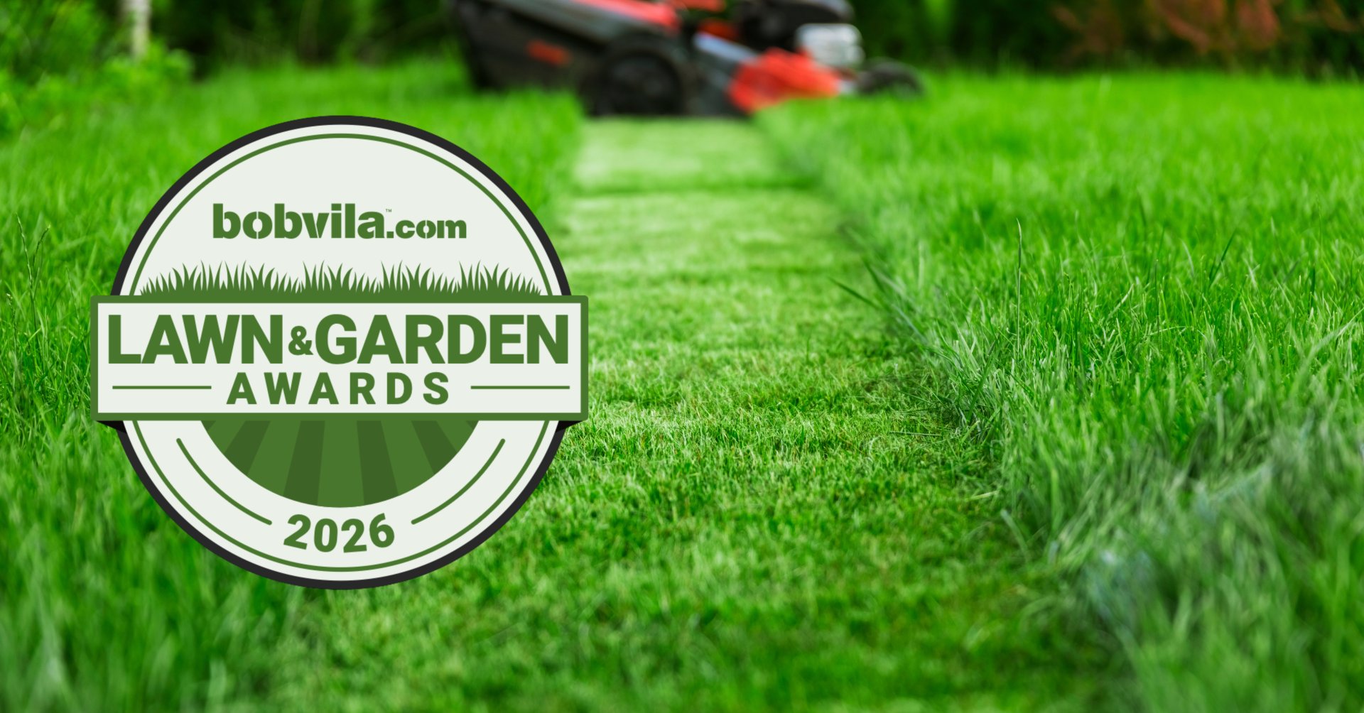 A mowed stripe down a lawn with a mower visible in the distance. BobVila.com Lawn and Garden Awards seal overlay.