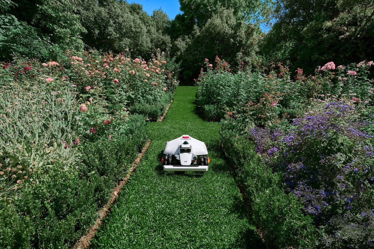 A Mammotion robot lawn mower mowing between flower beds in a suburban backyard.