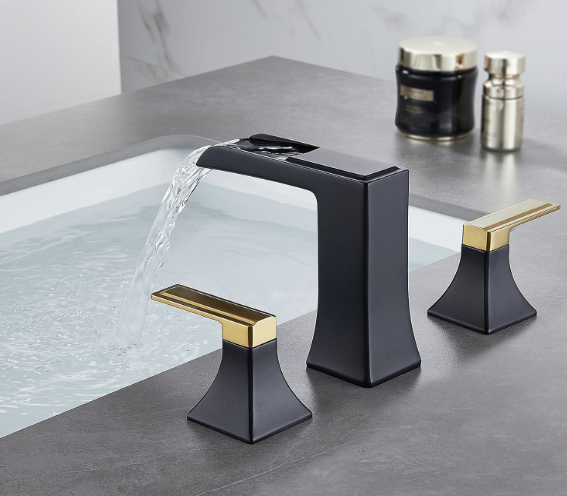 Two-Tone Black and Gold Bathroom Faucet, Sanliv 2-Handle Widespread Bathroom Faucet for 3-Hole Sinks 4-8 Inch, 3-Piece Waterfall Vanity Faucets with Pop-Up Drain, Black and Gold