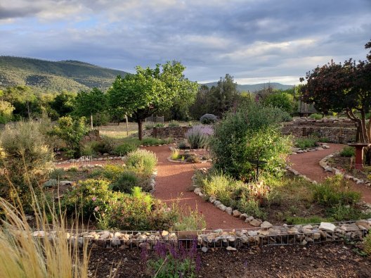 Crusher fines paths around a home garden.