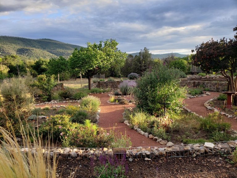Crusher fines paths around a home garden.