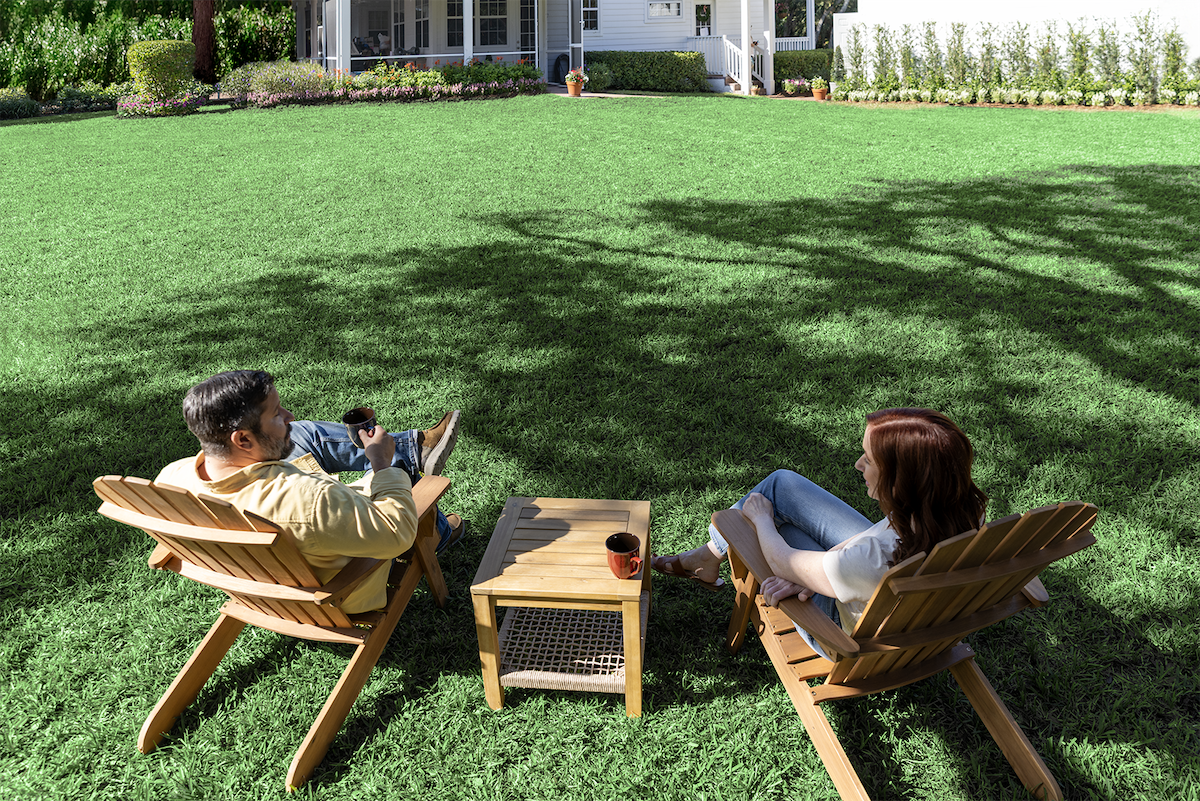A couple sitting on a beautiful lawn cared for by TruGreen experts.