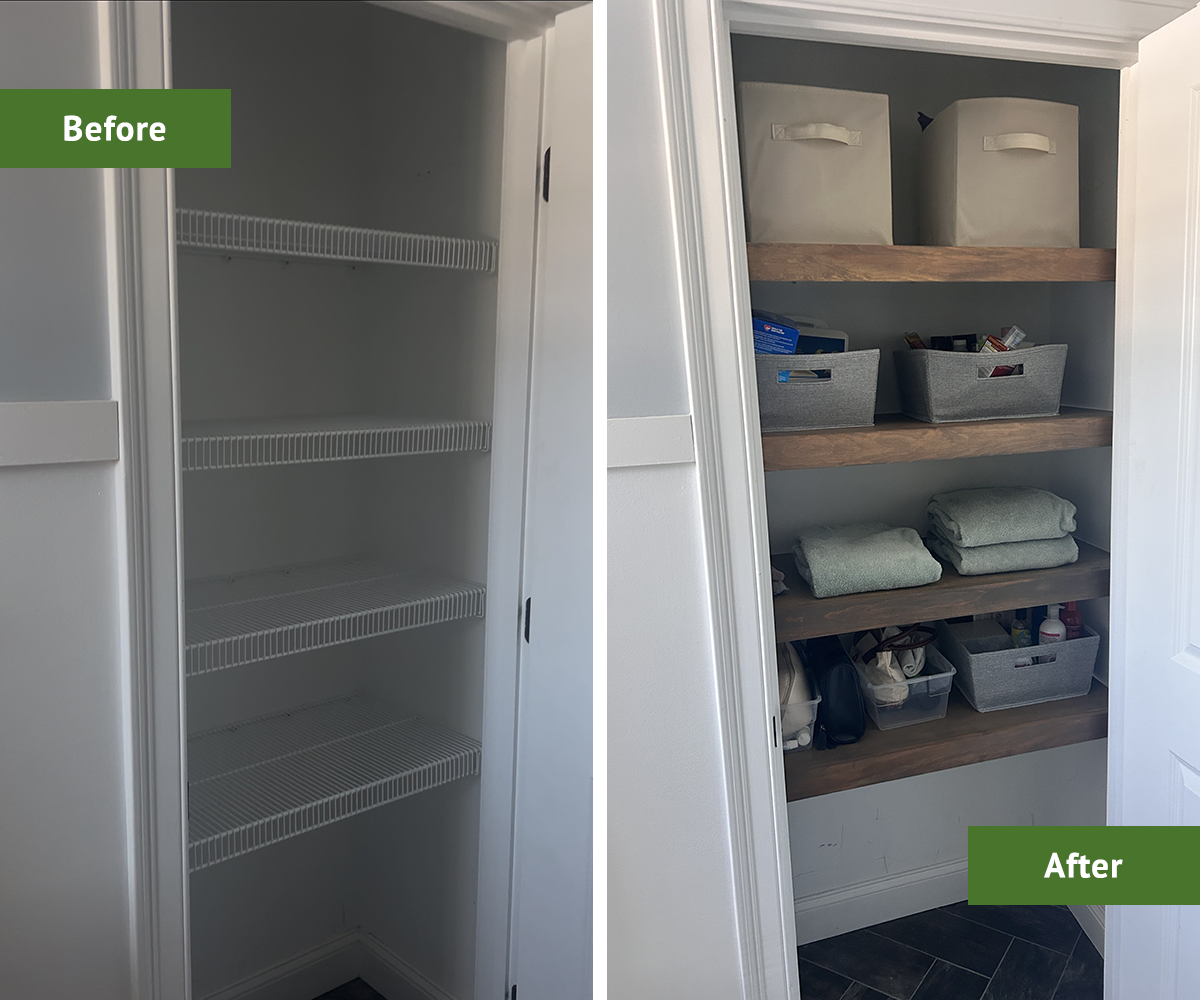 Before and after showing diy wire shelf covers in linen closet