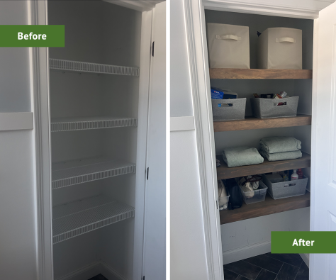 Before and after showing diy wire shelf covers in linen closet