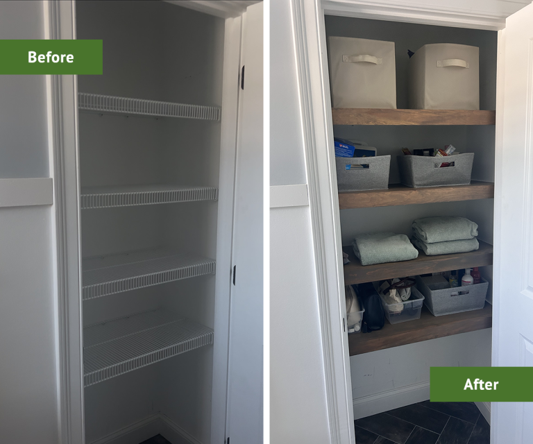 Before and after showing diy wire shelf covers in linen closet