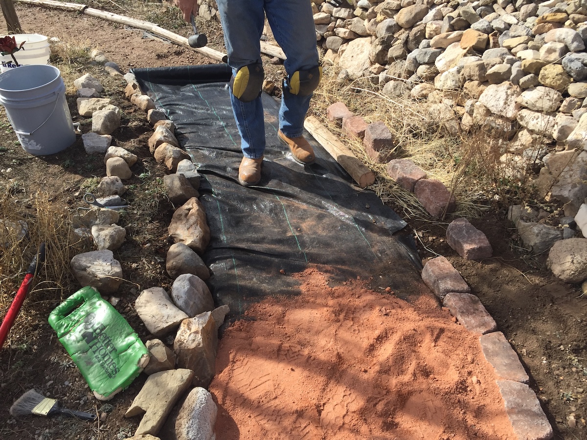 DIYer installing a crusher fines garden path.