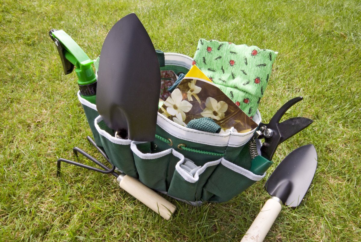 Gardening tools stored in a gardening tote back sitting on grass.