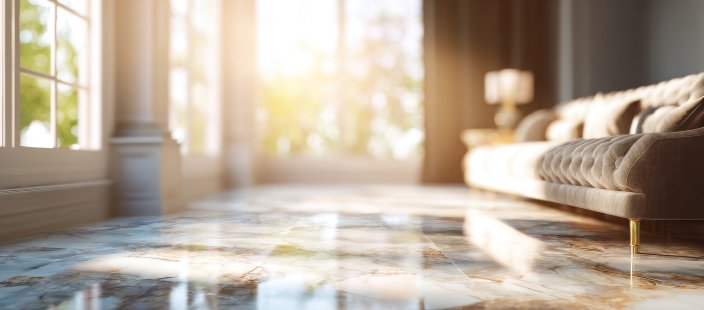 Sunlight streaming into a living room, illuminating a polished marble floor.