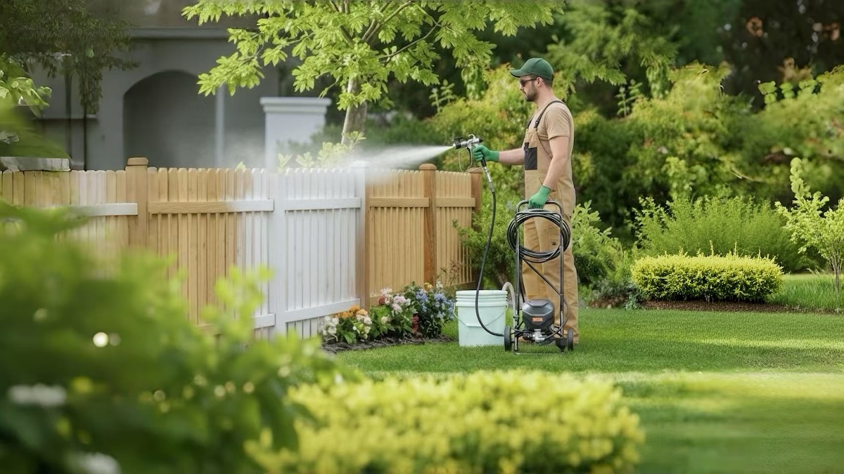 A DIYer painting a wood fence with a Vevor paint sprayer