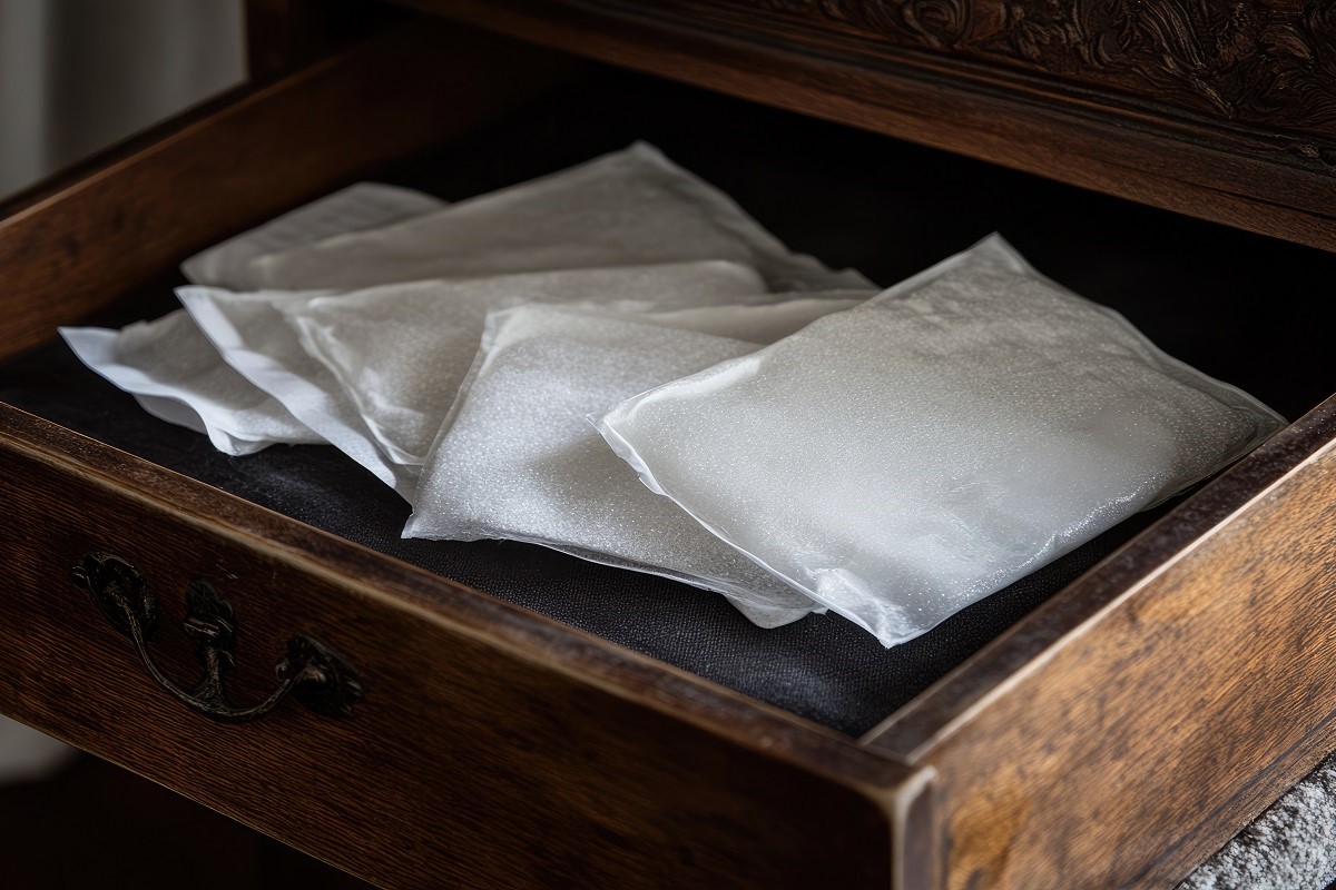 Silica gel packets inside hotel drawer for moisture control.