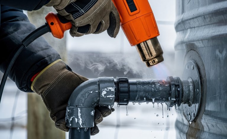 Person in gloves using an orange heat gun to thaw a frozen PVC pipe.
