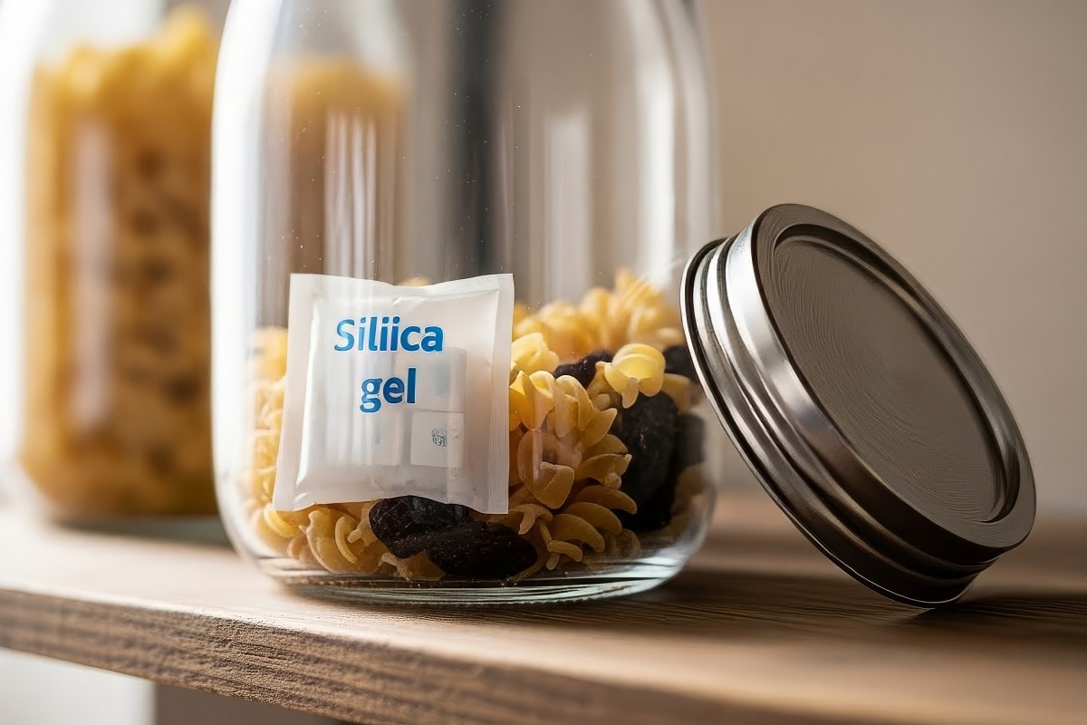 A jar of pasta dried fruit with a silica gel packet inside.