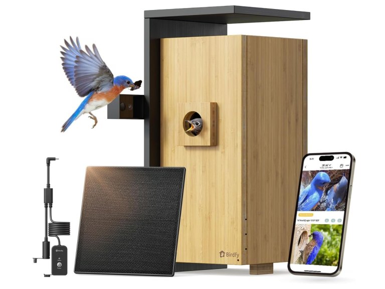 The Birdify Nest Duo Smart Birdhouse with bird, phone, and solar panel on a white background