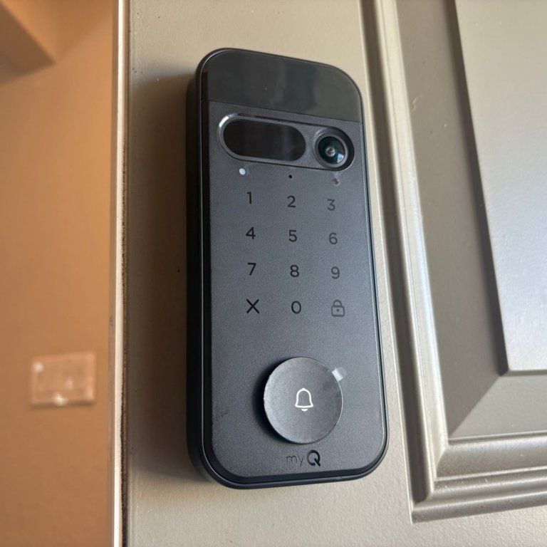 The Chamberlain MyQ 3-in-1 Smart Lock installed on a front door during testing