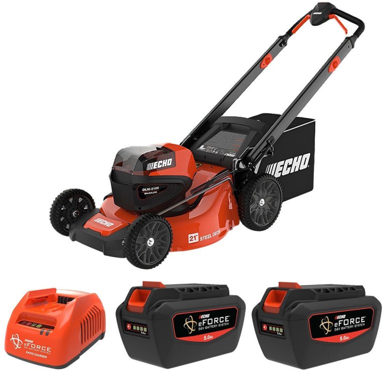 The Echo 56V 21” Cordless Push Mower with batteries and charger on a white background
