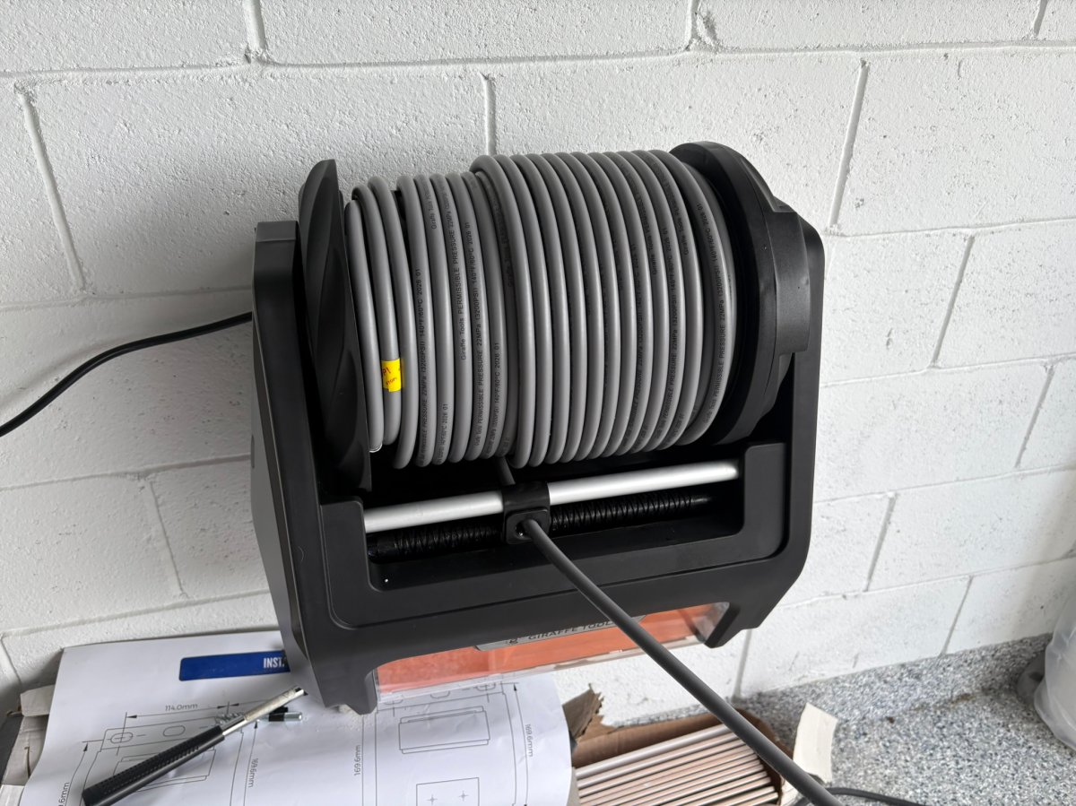 The Giraffe Tools pressure washer hose reel