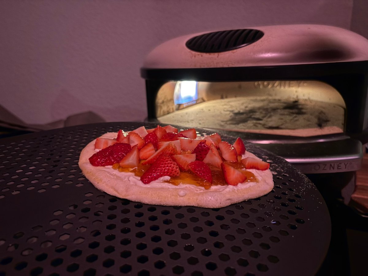 A dessert pizza during testing getting slid into the Gozney Arc XL during testing