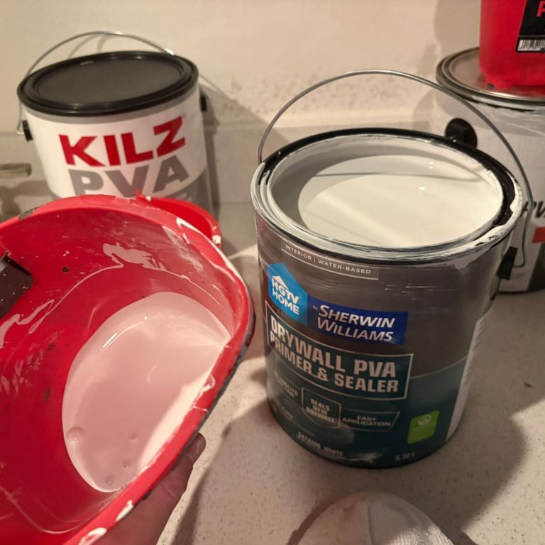 HGTV Home by Sherwin-Williams PVA Primer poured into a paint bucket during testing