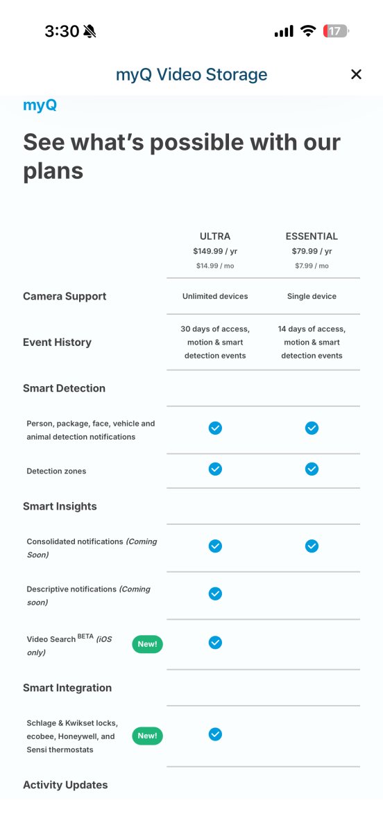 Storage plan options for the MyQ Video Smart Lock