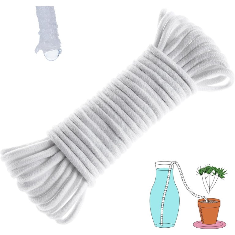 The Orimerc 50ft Plant Self-Watering Wick Rope on a white background with an illustration of it in use