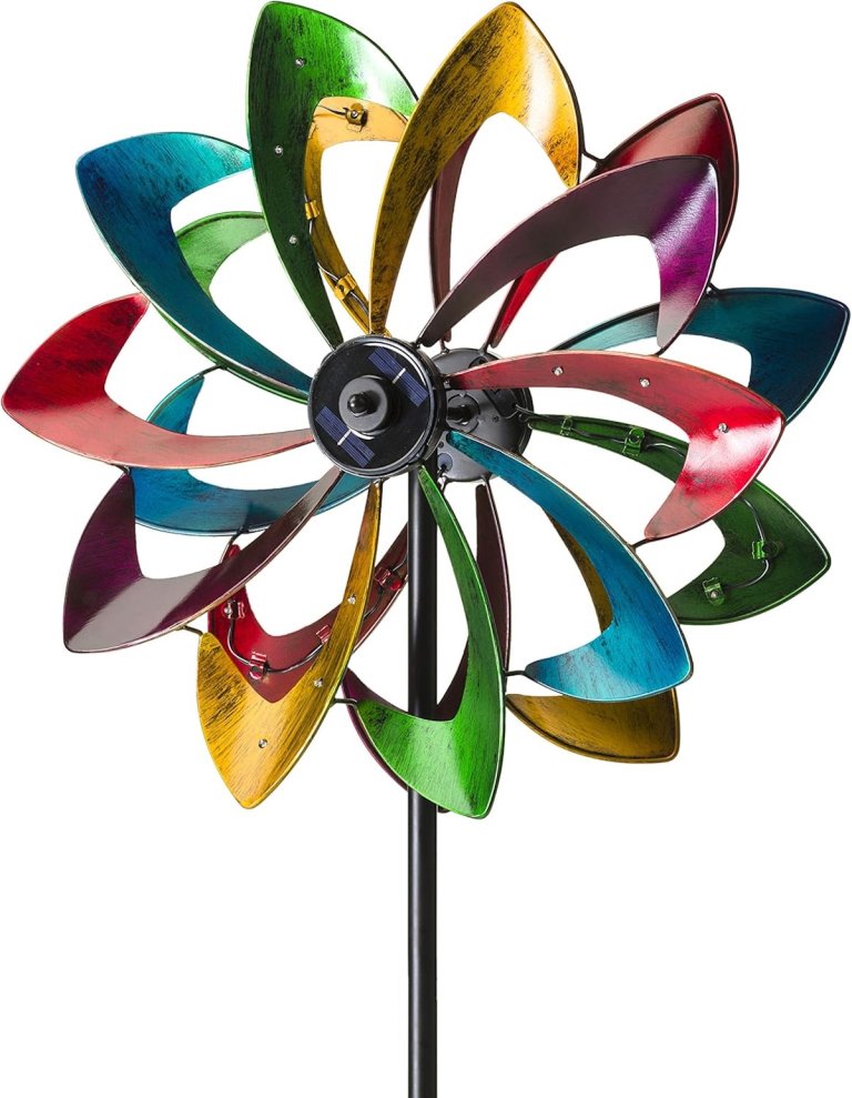 The Plow & Hearth Solar Lighted Flower Wind Spinner on a white background