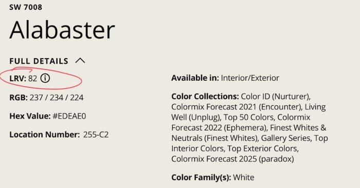 The color information for the paint color "Alabaster" from Sherwin Williams.