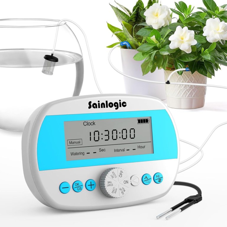 The Sainlogic Automatic Plant Waterer with its tubing in a bowl of water on one side and going into two plants on the other side