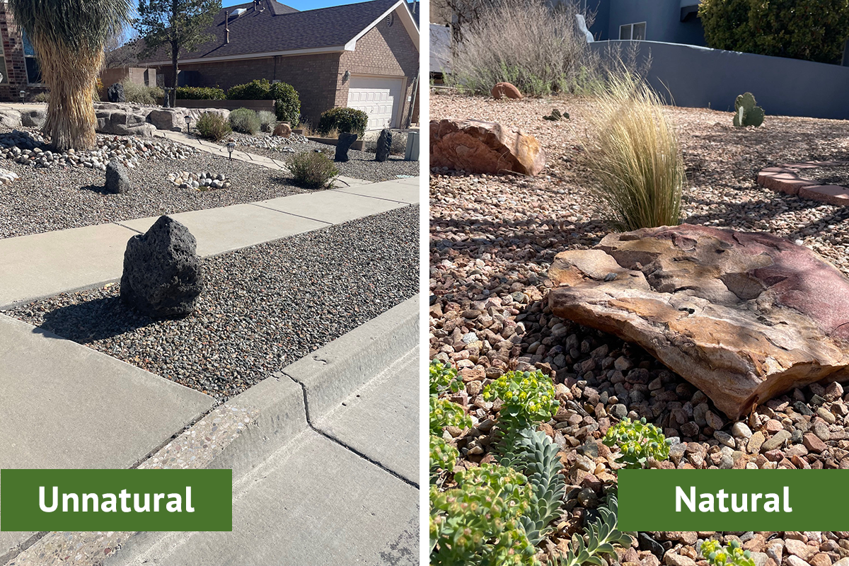 A side-by-side comparison showing what unnatural vs. natural rock placement looks like in a home landscape.