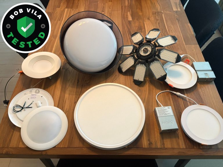A group of the best LED ceiling lights on a table before installation and testing