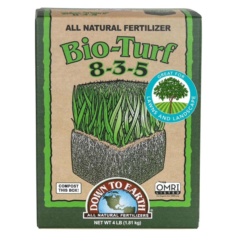 A package of Down to Earth Organic Bio-Turf 8-3-5 Lawn Fertilizer on a white background