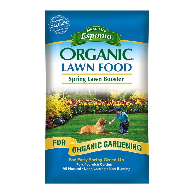 A bag of Espoma EOLB30 Organic Spring Lawn Booster Fertilizer on a white background