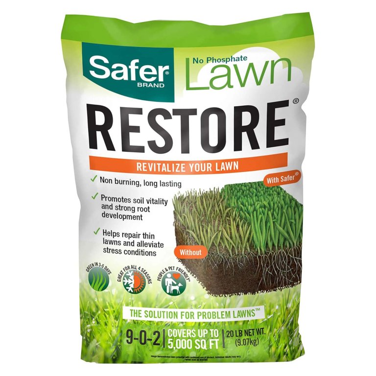 A bag of Safer Brand Lawn Restore Natural Lawn Fertilizer on a white background