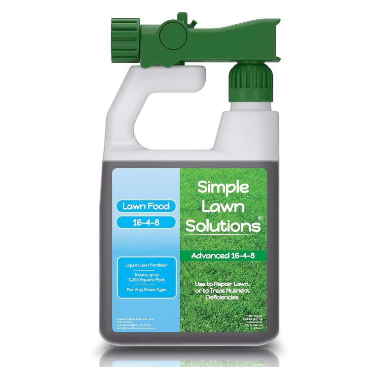 A container of Simple Lawn Solutions 16-4-8 Complete Balanced NPK on a white background
